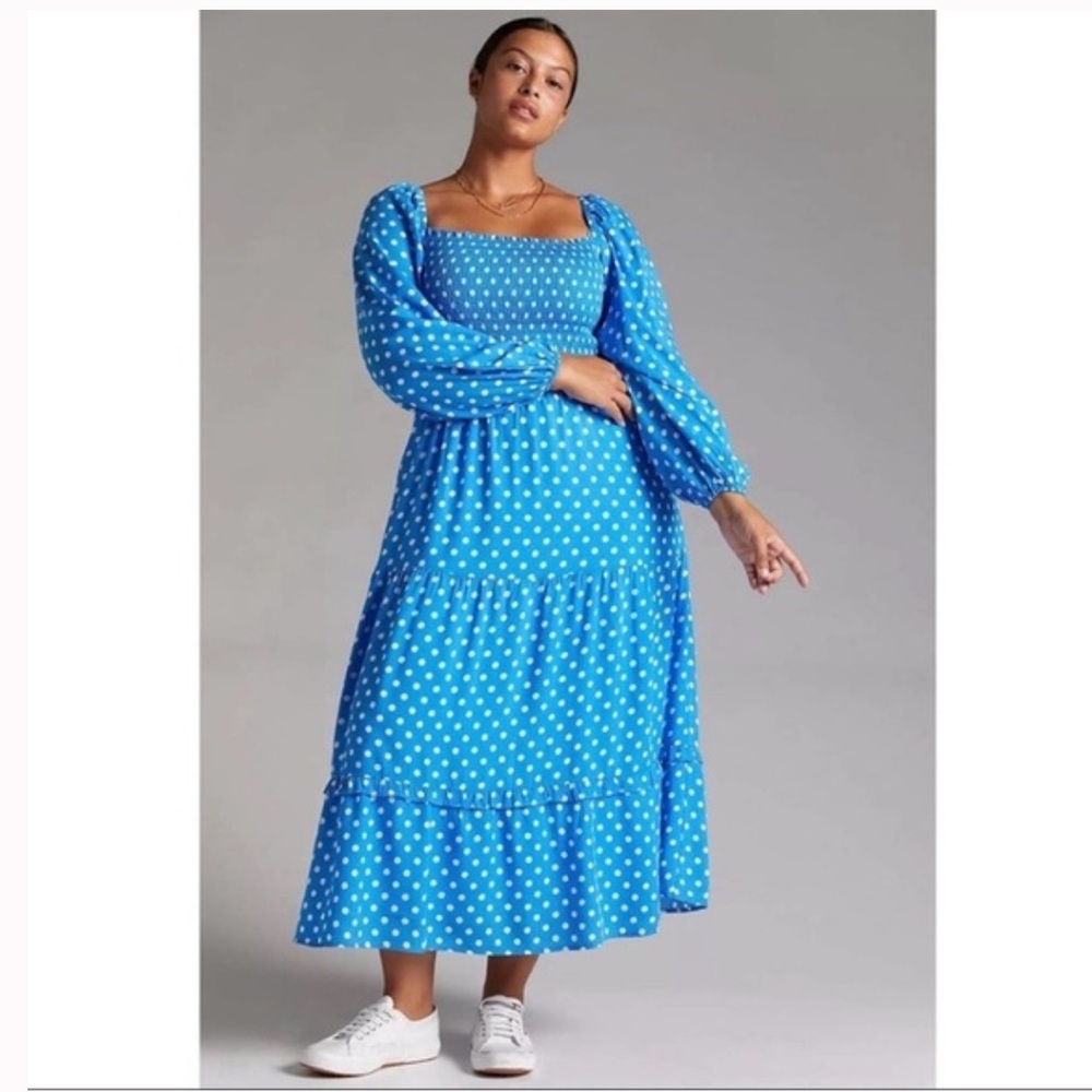 DOLAN/Anthropologie Blue and white polka dot midi dress, size 1X